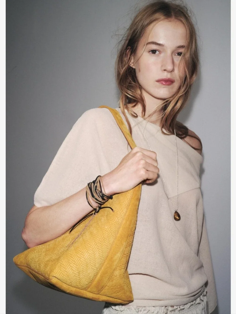 Genuine Leather Suede Yellow Mustard Braided Woven Hobo Shoulder Bag - Women